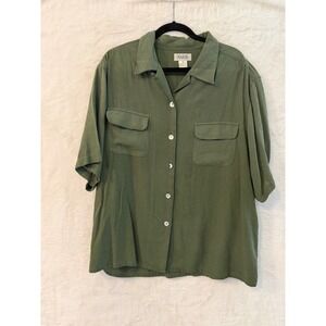Selene Sport 100% Silk Shirt Women 3X Olive Green Short Sleeve Button Up Utility